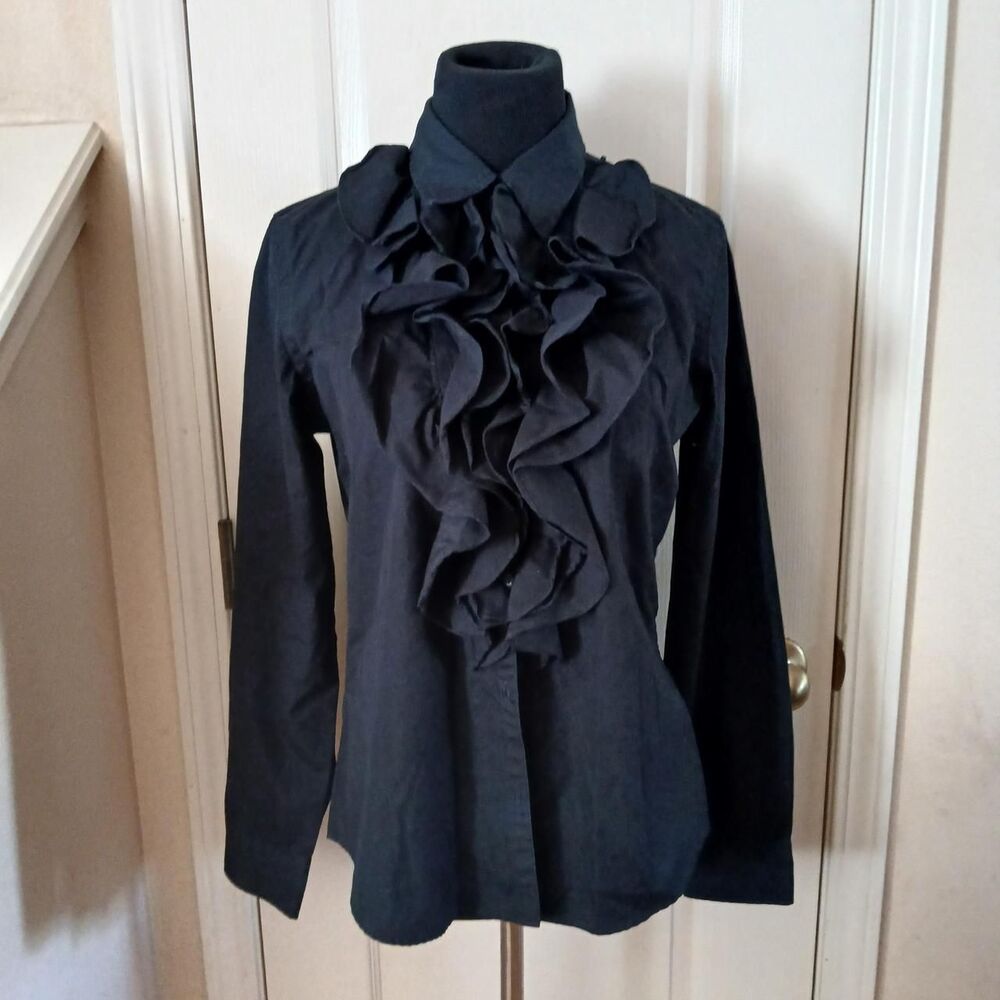 Lauren Ralph Lauren Black 100% Cotton Ruffle Bib Blouse M Dark Coquette Vamp